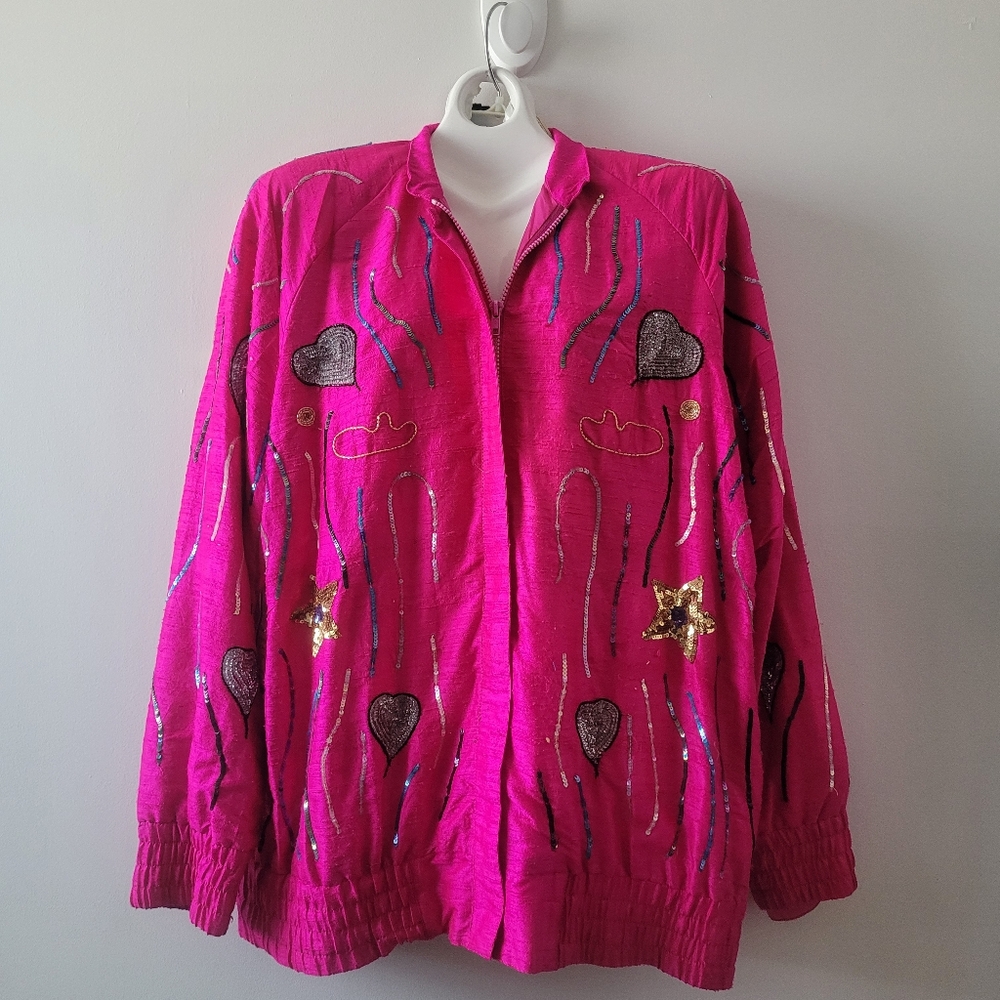Vintage 90s "The Icing" magenta & sequined/beaded jacket. Small. Deadstock.